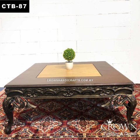 Victorian Style Coffee Table with Wood in Wood in-laid Top, Accent for Living Room, Solid Wood Coffee Table | CTB-87 (L42 W42 H17 Inches)