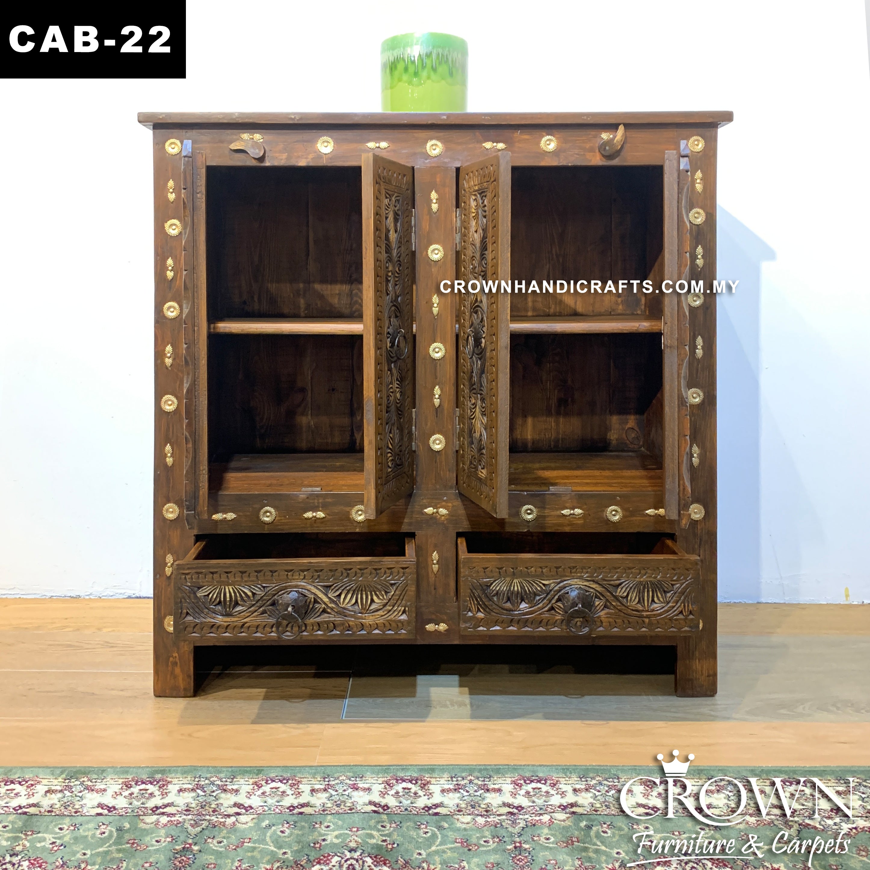 Solid Wood Antique Style Cabinet with 2 Doors 2 Drawers Brass