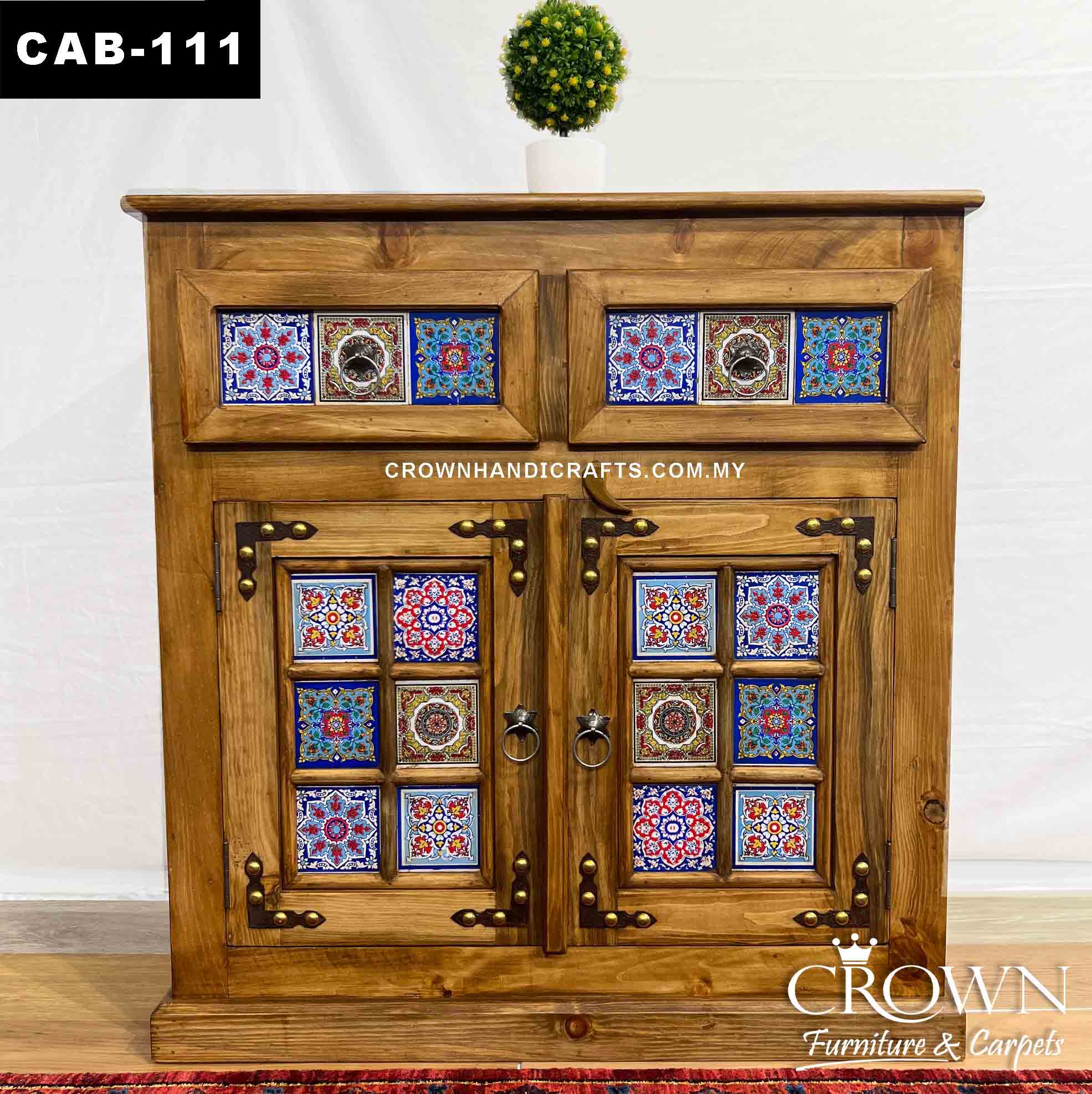 Solid Wood Cabinet Boho Accent 2 Doors 2 Drawers, Hand-Painted by Artisans | Malaysia Living Room Furniture Shop | CAB-111 (L36 W15 H38 Inches)