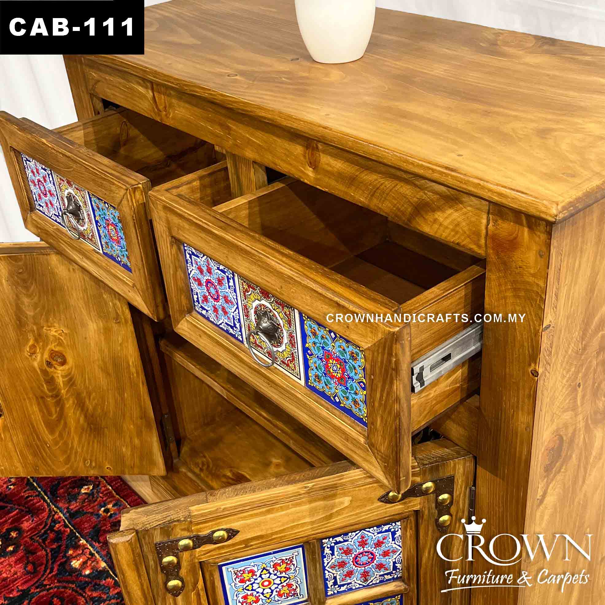 Solid Wood Cabinet Boho Accent 2 Doors 2 Drawers, Hand-Painted by Artisans | Malaysia Living Room Furniture Shop | CAB-111 (L36 W15 H38 Inches)