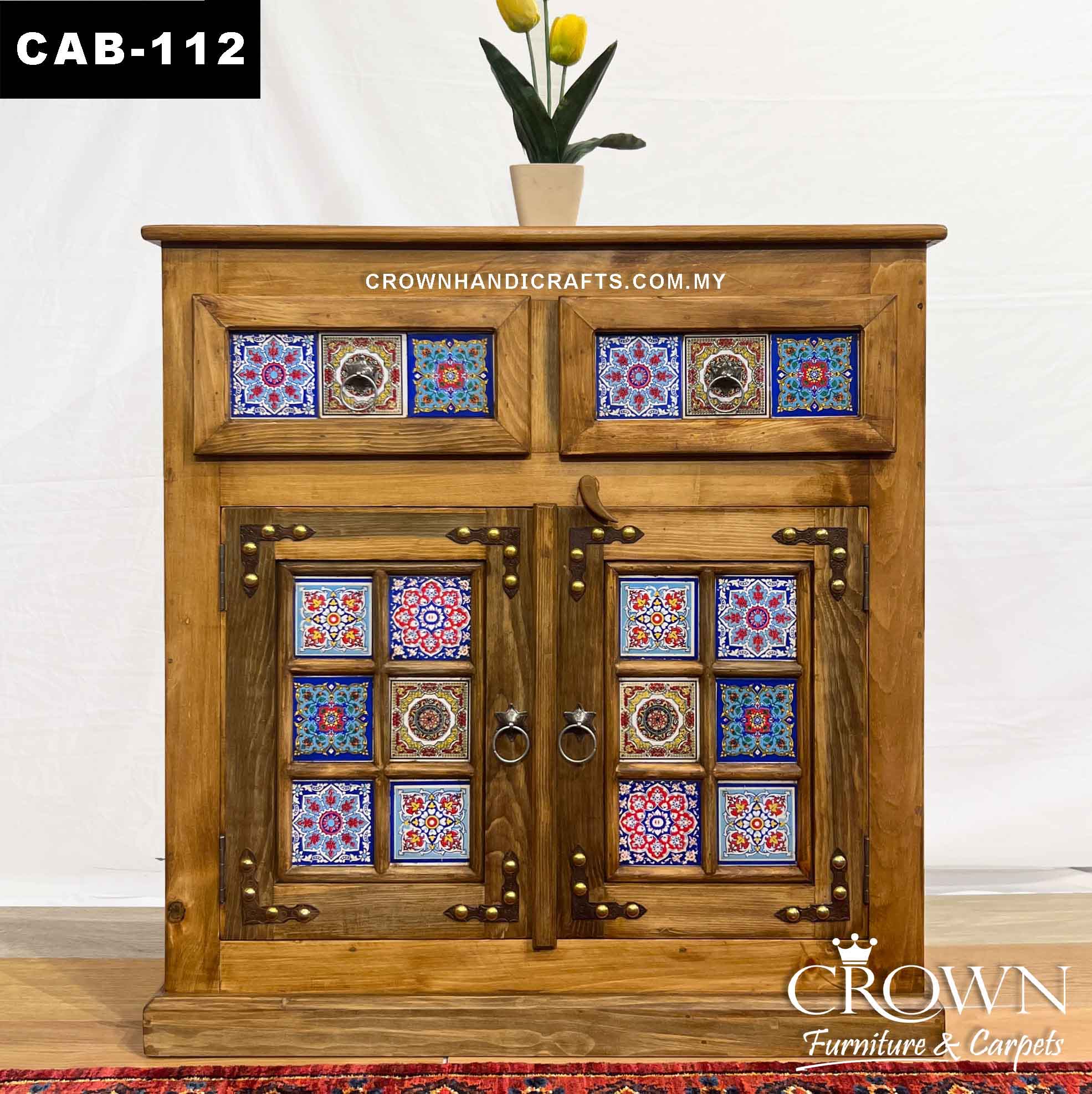 Boho Accent 2 Doors 2 Drawers Wooen Cabinet, Hand-Painted by Artisans | Shop Wooden Furniture in Kuala Lumpur Malaysia | CAB-112 (L36 W15 H38 Inches)