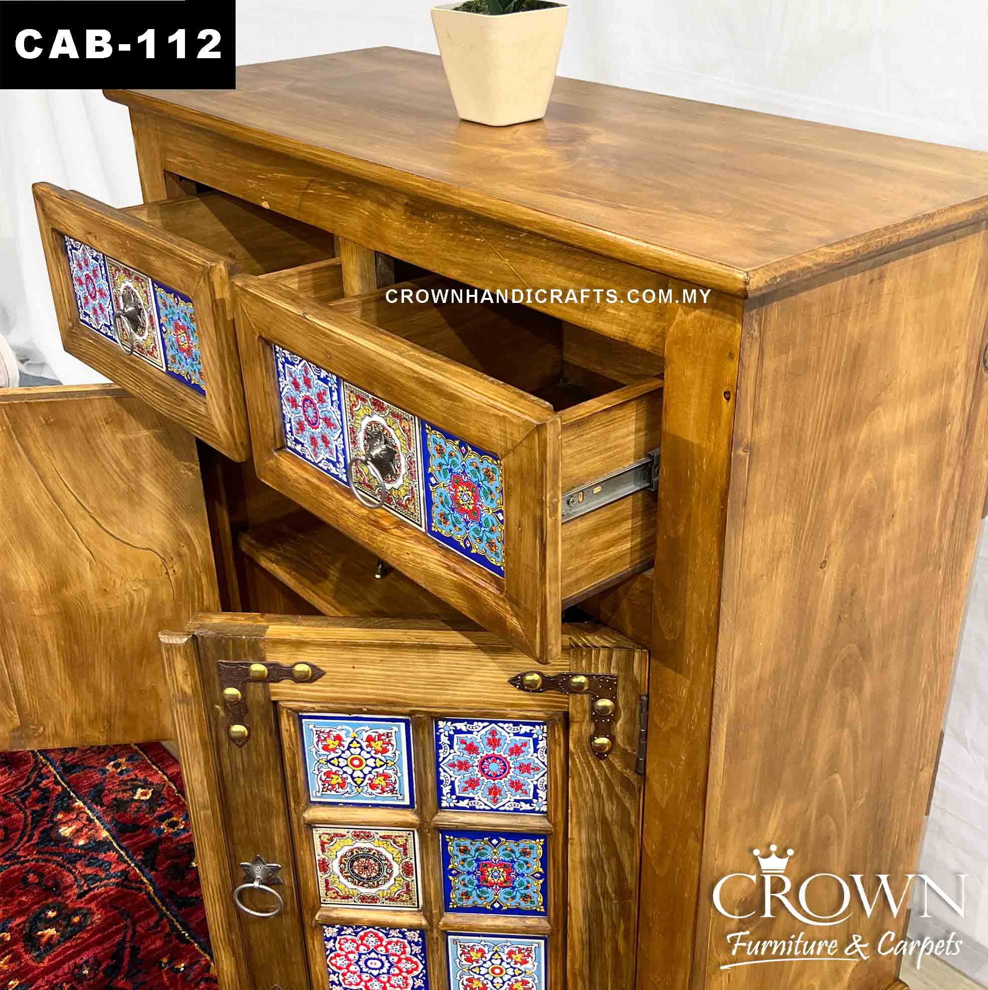 Boho Accent 2 Doors 2 Drawers Wooen Cabinet, Hand-Painted by Artisans | Shop Wooden Furniture in Kuala Lumpur Malaysia | CAB-112 (L36 W15 H38 Inches)