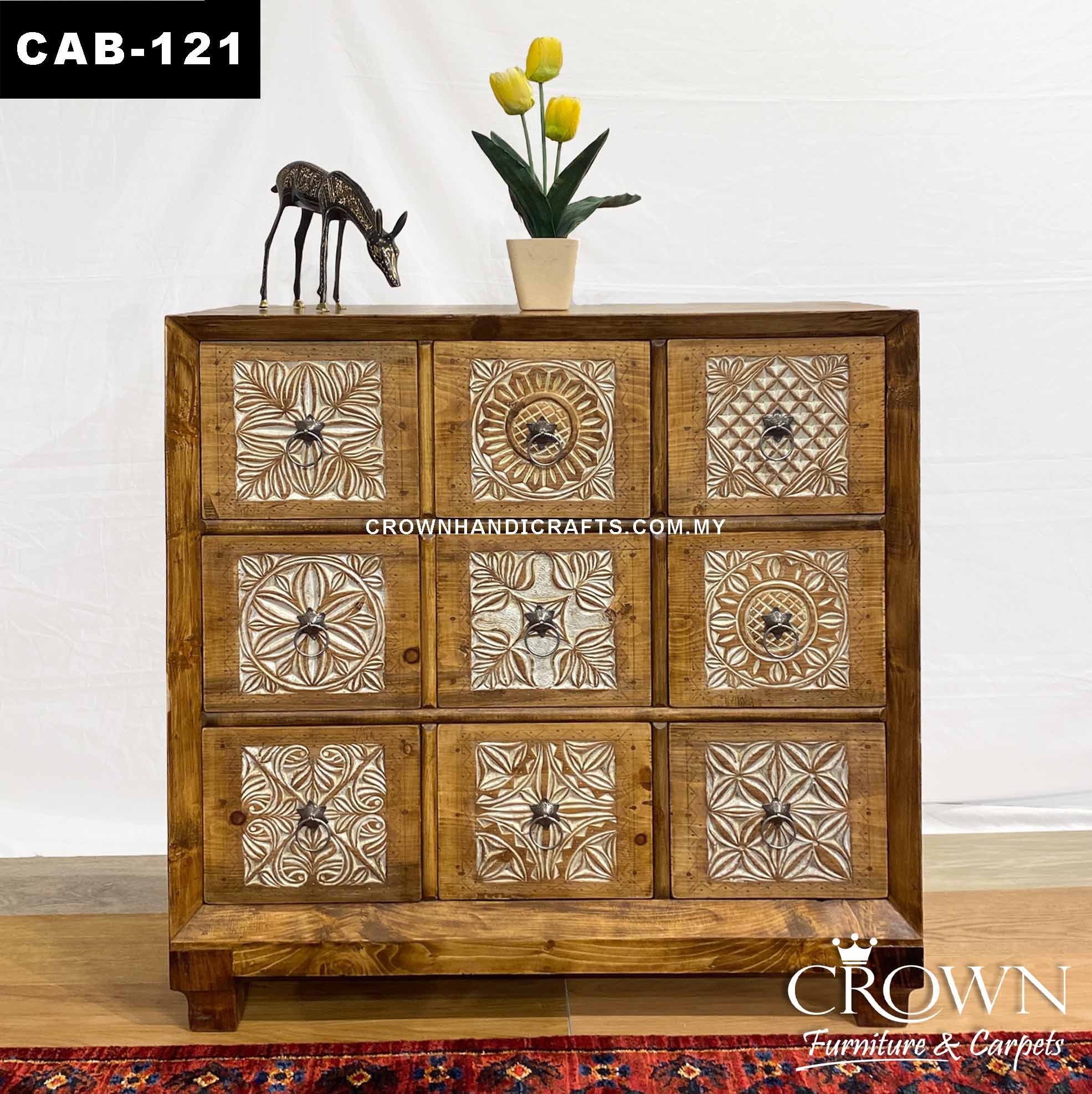 Modernize your Home Decor with Stunning Cabinet Whitewash Hand Carved 9 Drawers | Solid Wood Antique Style Furniture in Kuala Lumpur | CAB-121 (L36 W15.5 H36 Inches)