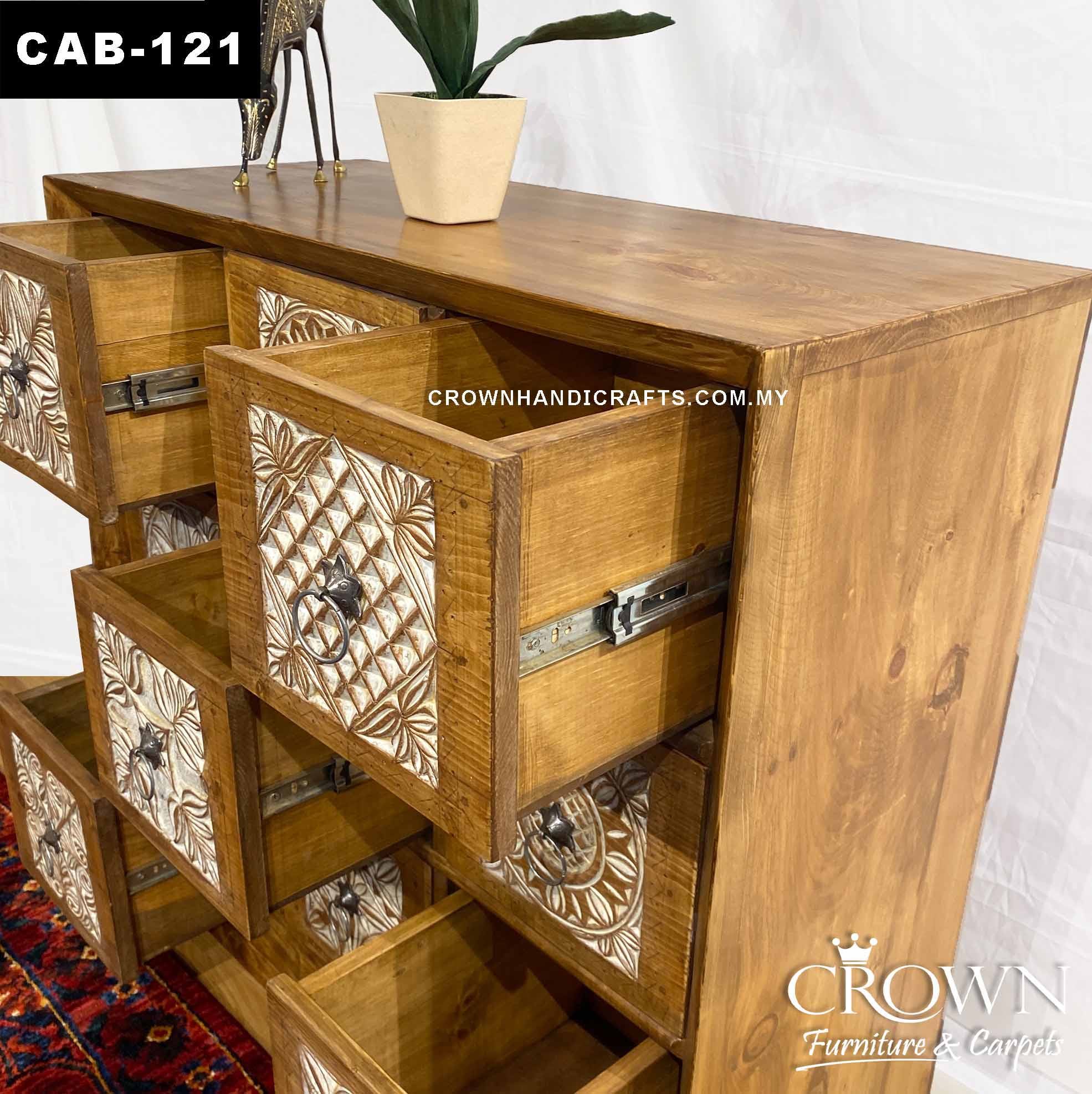 Modernize your Home Decor with Stunning Cabinet Whitewash Hand Carved 9 Drawers | Solid Wood Antique Style Furniture in Kuala Lumpur | CAB-121 (L36 W15.5 H36 Inches)