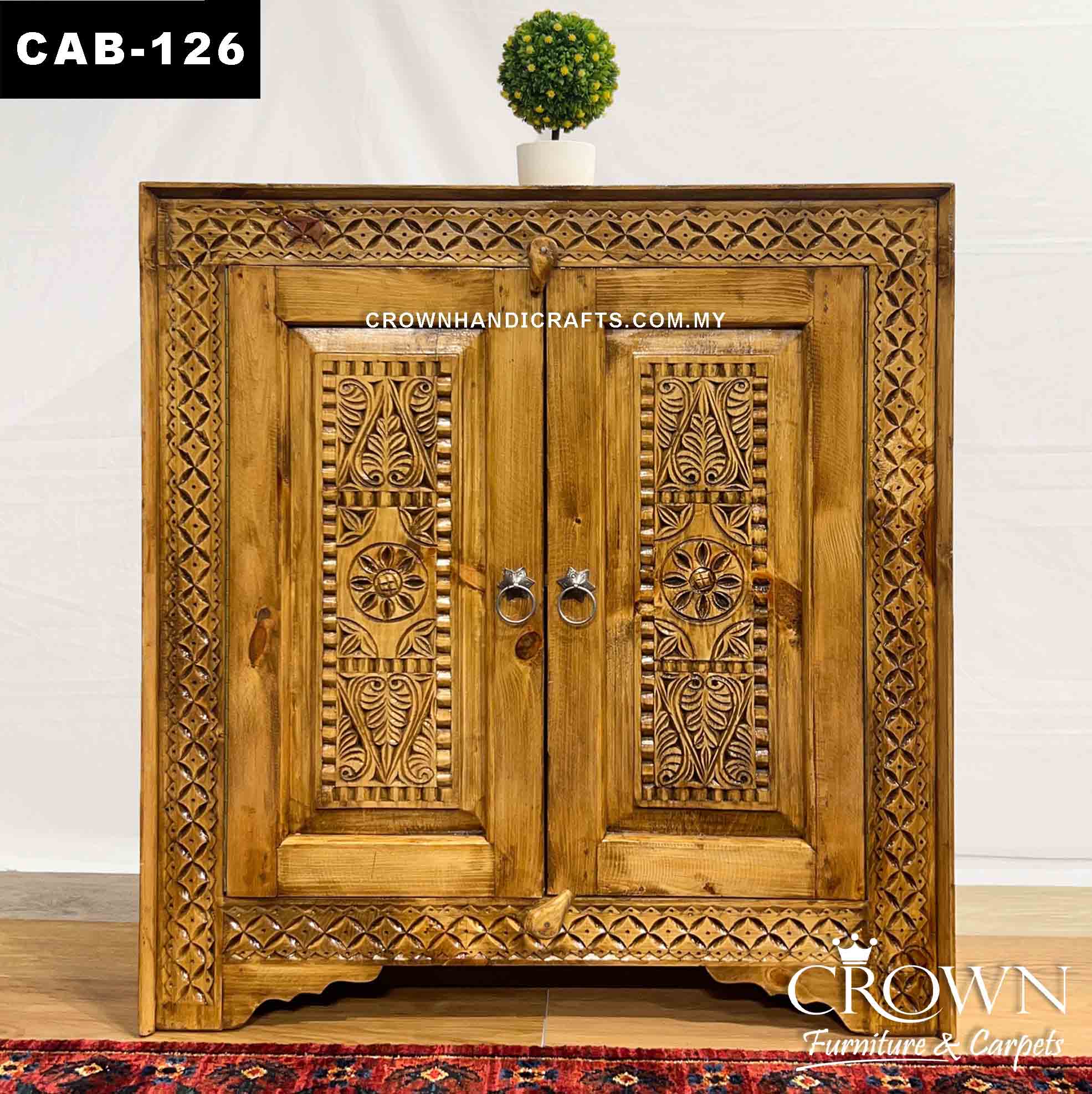 Antique Style Hand Carved Solid Wood Cabinet with 2 Doors, Premium Living Room Furniture Teak Cabinet in Malaysia | CAB-126 (L35 W16.7 H37 Inches)