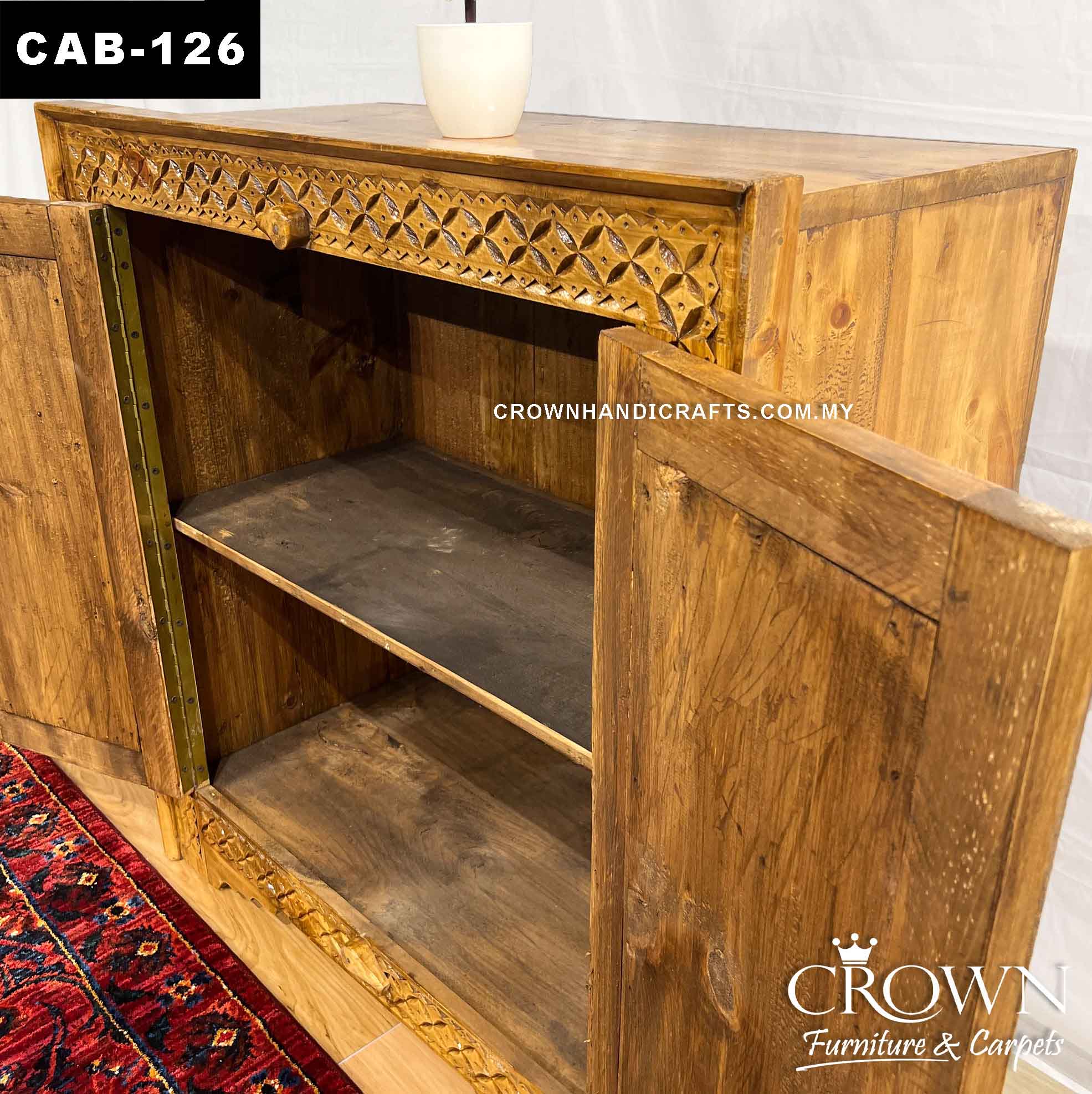 Antique Style Hand Carved Solid Wood Cabinet with 2 Doors, Premium Living Room Furniture Teak Cabinet in Malaysia | CAB-126 (L35 W16.7 H37 Inches)