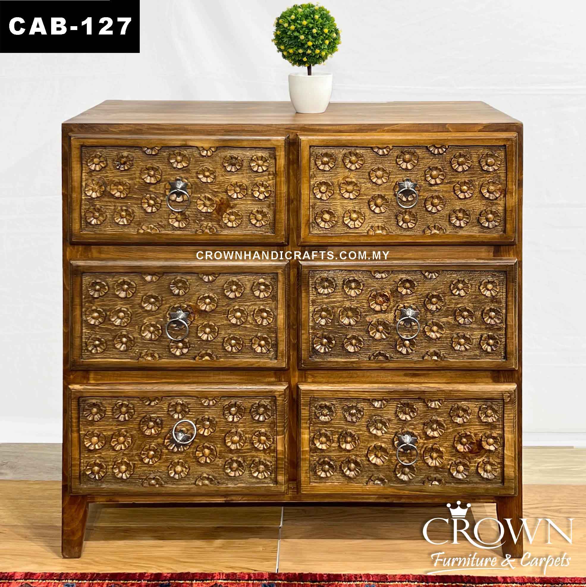 Solid Wood Cabinet Rustic Style Hand Carved Floral Buff with 9 Drawers, Antique Wood Furniture Indian Teak Cabinet in Malaysia | CAB-127 (L36 W18 H36 Inches)