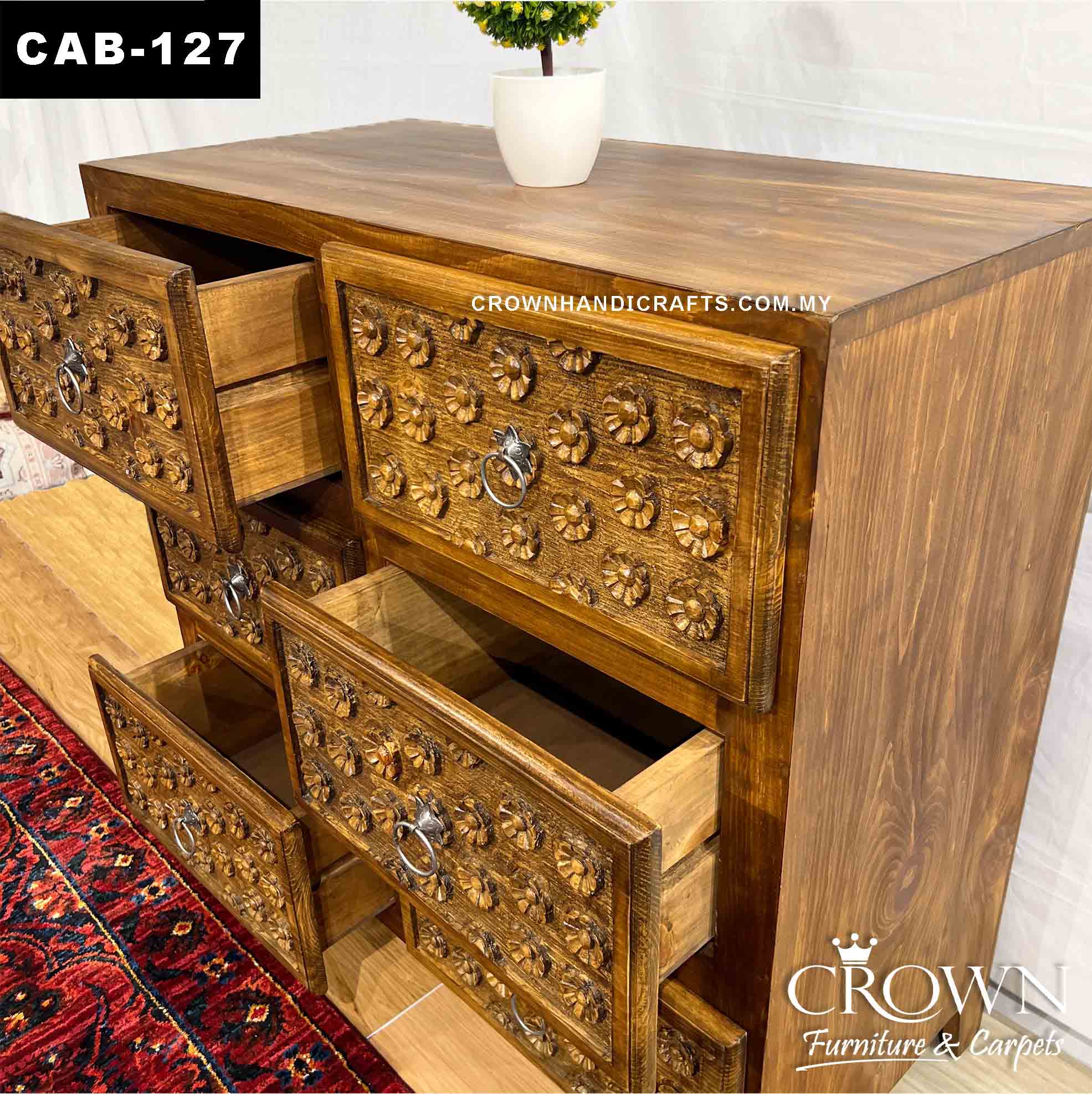 Solid Wood Cabinet Rustic Style Hand Carved Floral Buff with 9 Drawers, Antique Wood Furniture Indian Teak Cabinet in Malaysia | CAB-127 (L36 W18 H36 Inches)