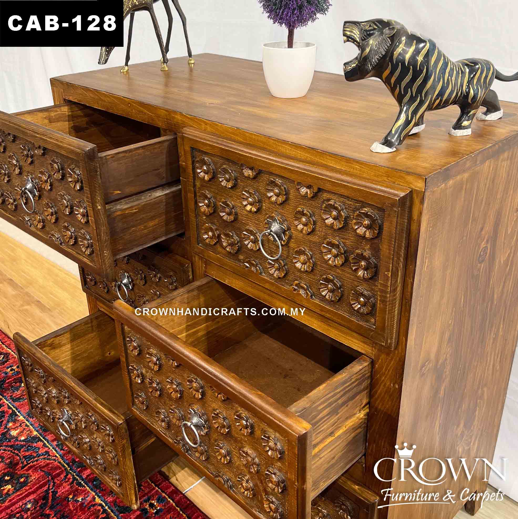 Solid Wood Cabinet Rustic Style Hand Carved Floral Buff with 6 Drawers, Antique Wood Furniture Indian Teak Cabinet in Malaysia | CAB-128 (L36 W18 H36 Inches)