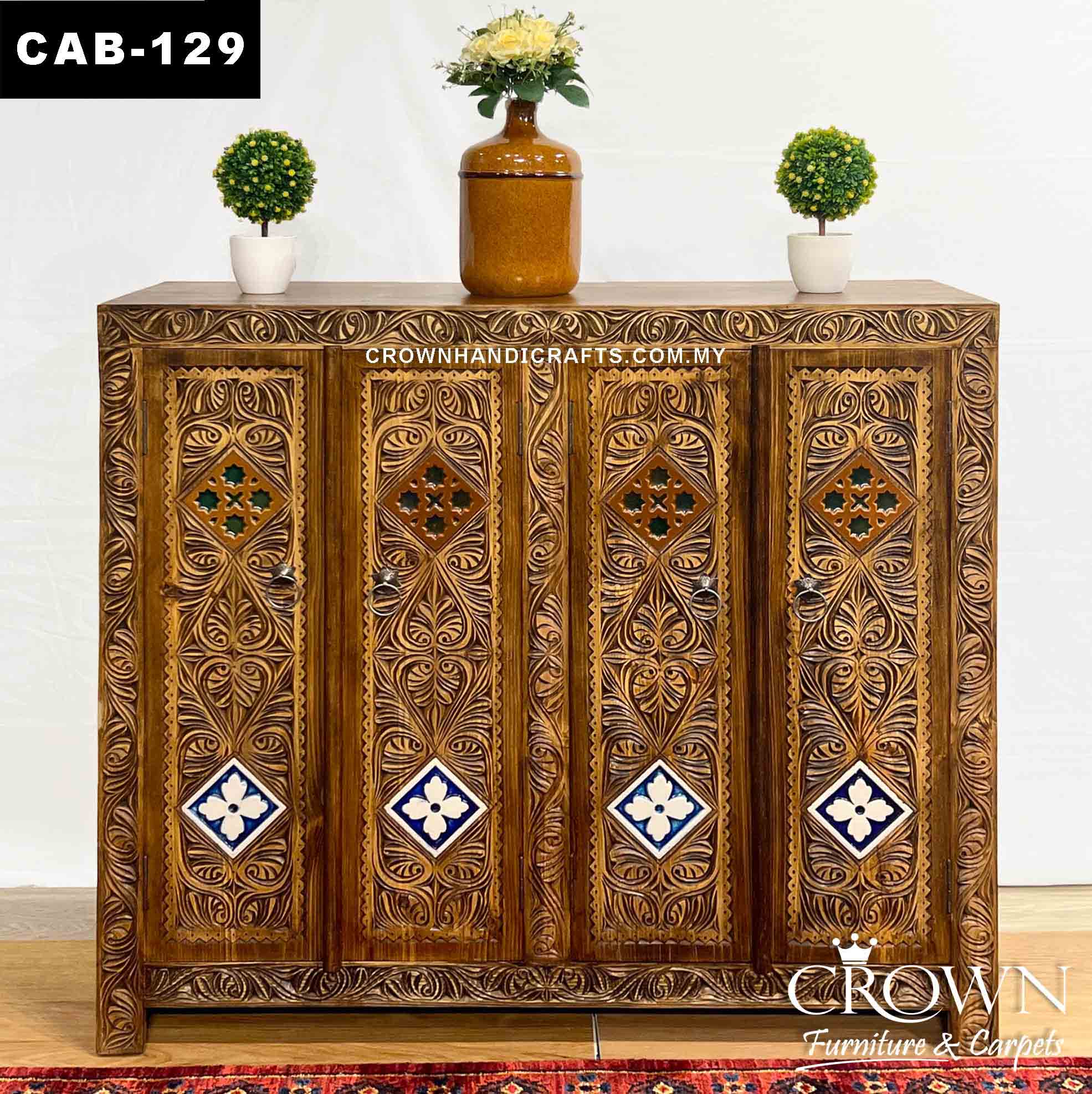 Solid Wood Cabinet Chest Moroccan Accent Retro theme Hand Carved Antique Style Furniture Malaysia | CAB-129 (L48 W16 H42 Inches)