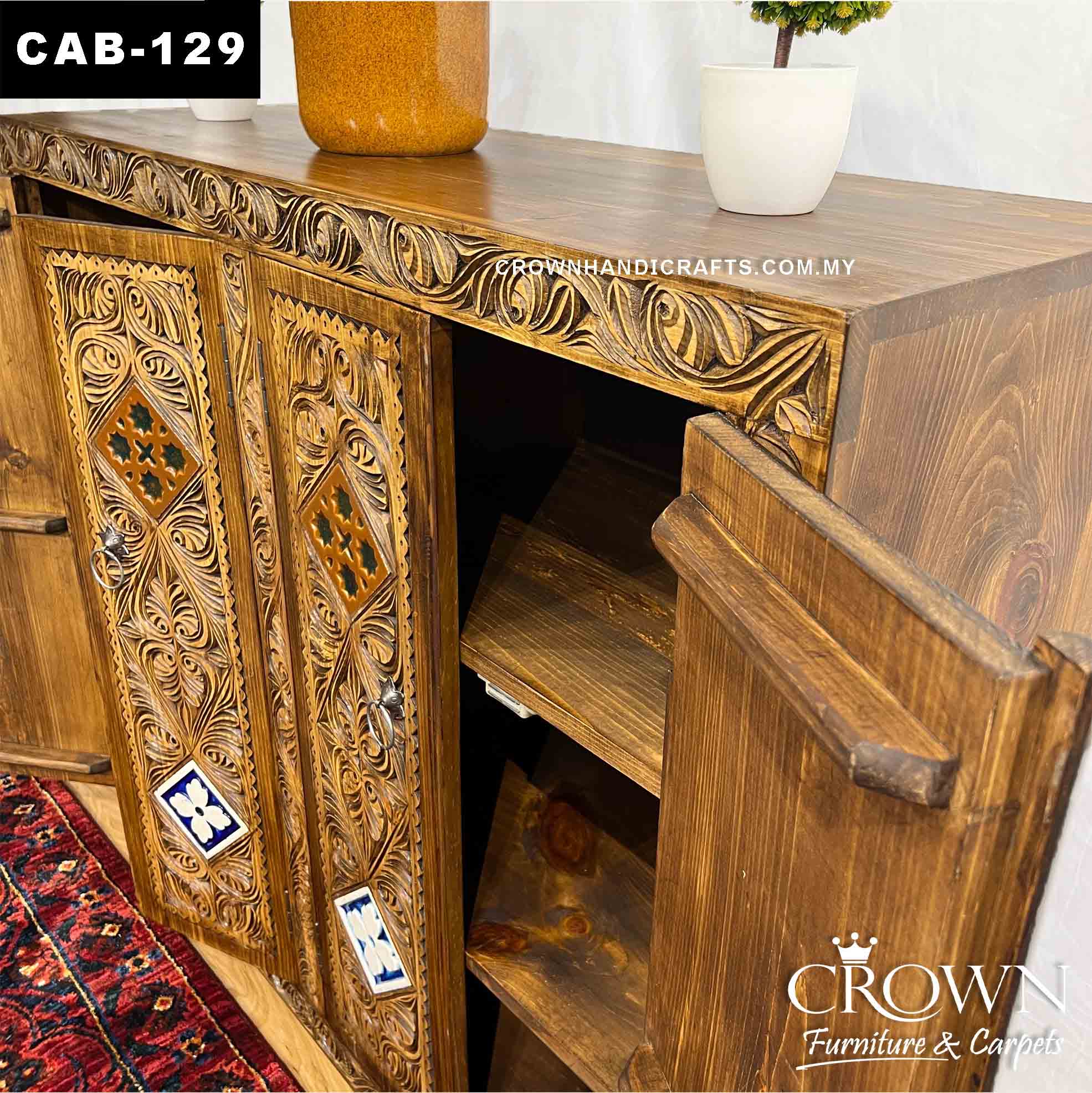 Solid Wood Cabinet Chest Moroccan Accent Retro theme Hand Carved Antique Style Furniture Malaysia | CAB-129 (L48 W16 H42 Inches)