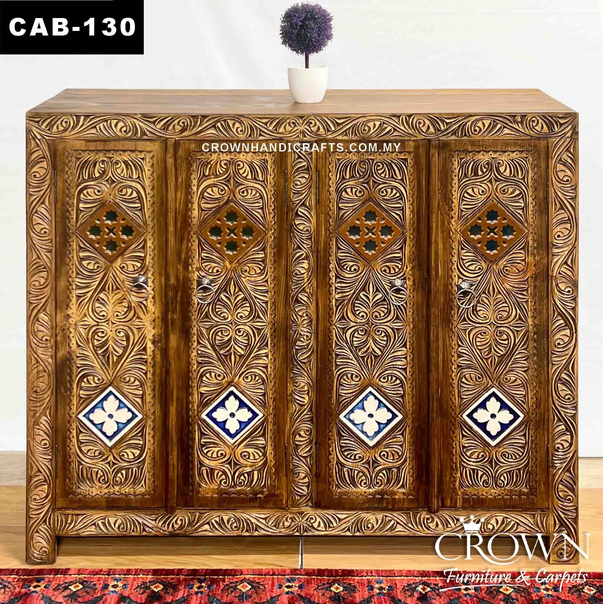 Moroccan Accent Retro theme Solid Wood Cabinet Chest Hand Carved Antique Style Furniture Malaysia | CAB-130 (L48 W16 H42 Inches)