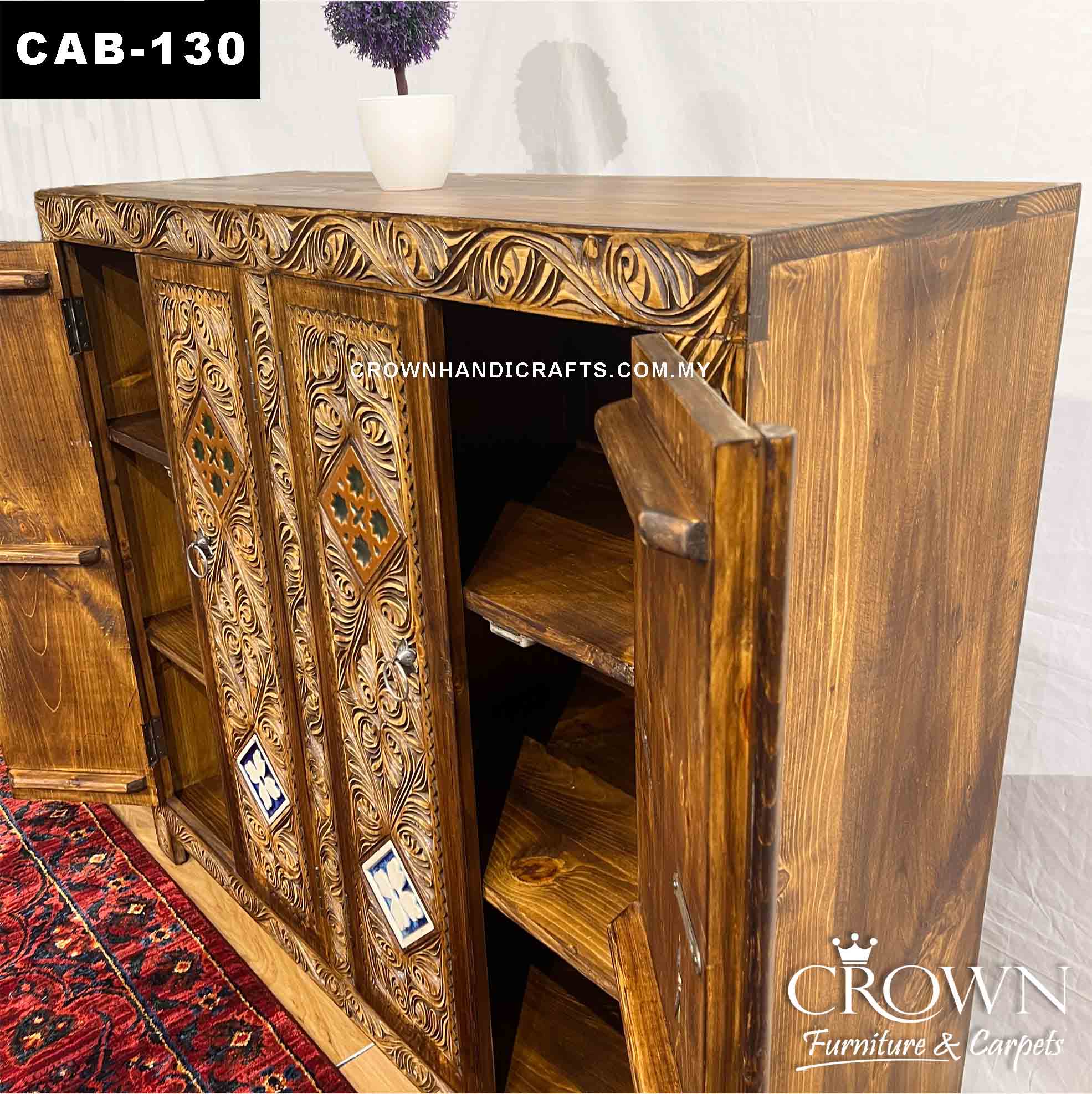 Moroccan Accent Retro theme Solid Wood Cabinet Chest Hand Carved Antique Style Furniture Malaysia | CAB-130 (L48 W16 H42 Inches)