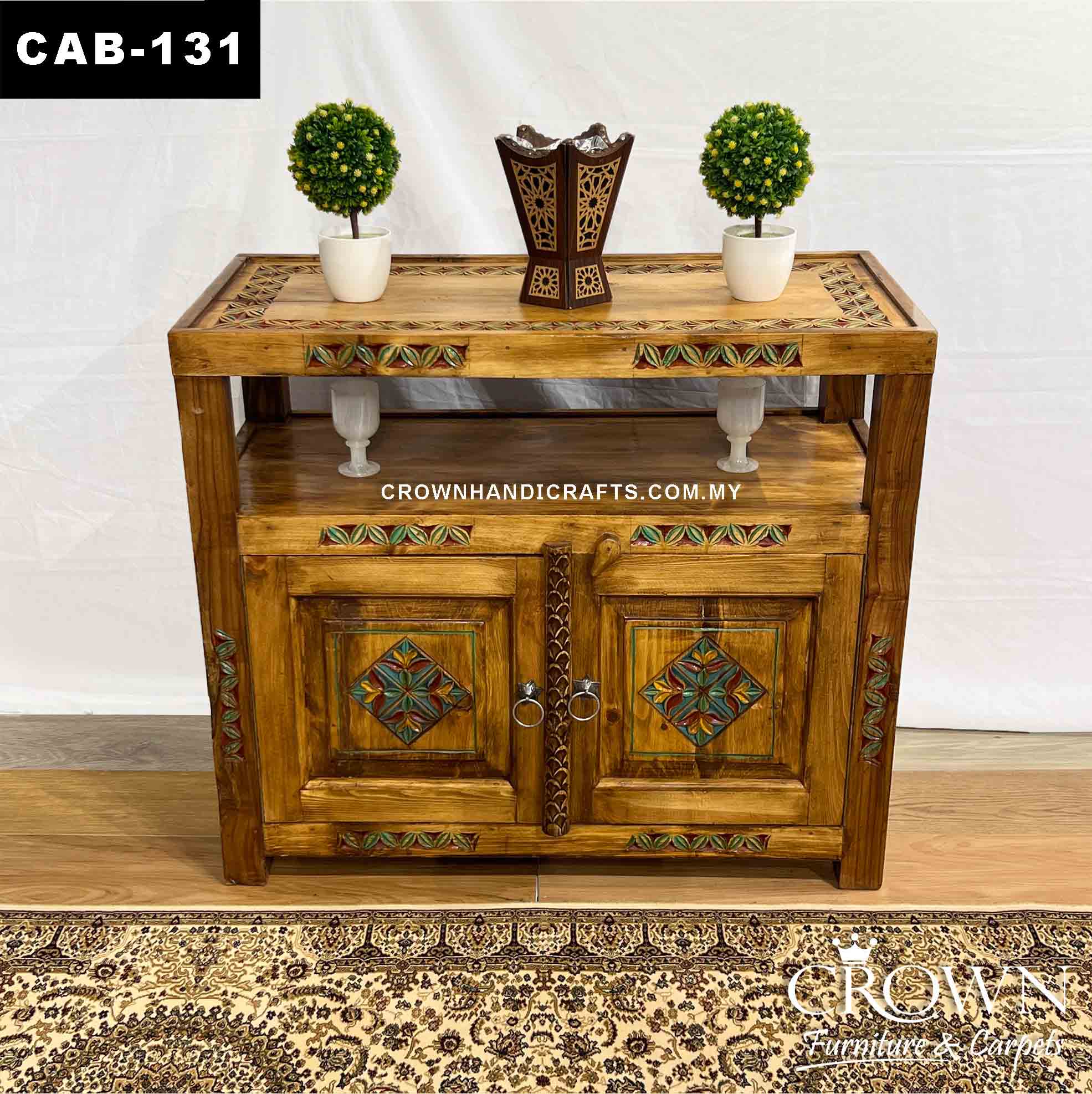 Double Top Cabinet with 2 Doors Hand-Painted Accent on Carving | Beautify your Home Interior | CAB-131 (L48 W16 H42 Inches)