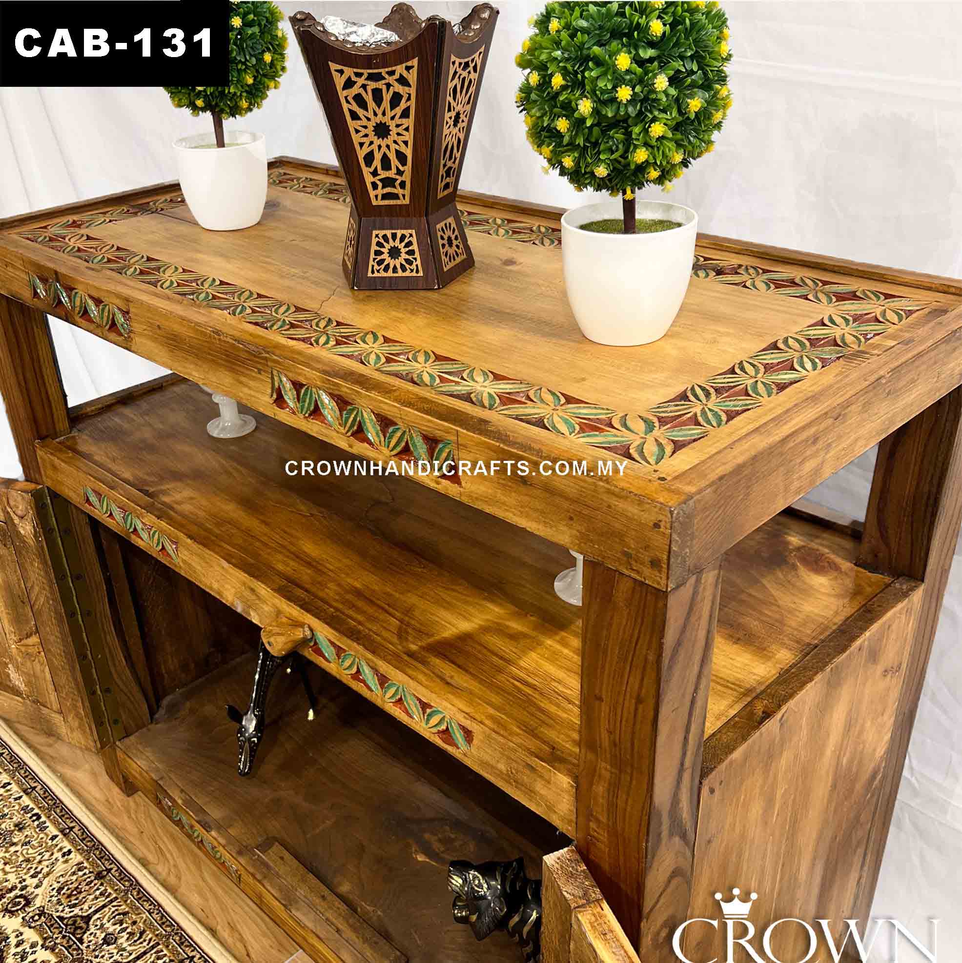 Double Top Cabinet with 2 Doors Hand-Painted Accent on Carving | Beautify your Home Interior | CAB-131 (L48 W16 H42 Inches)