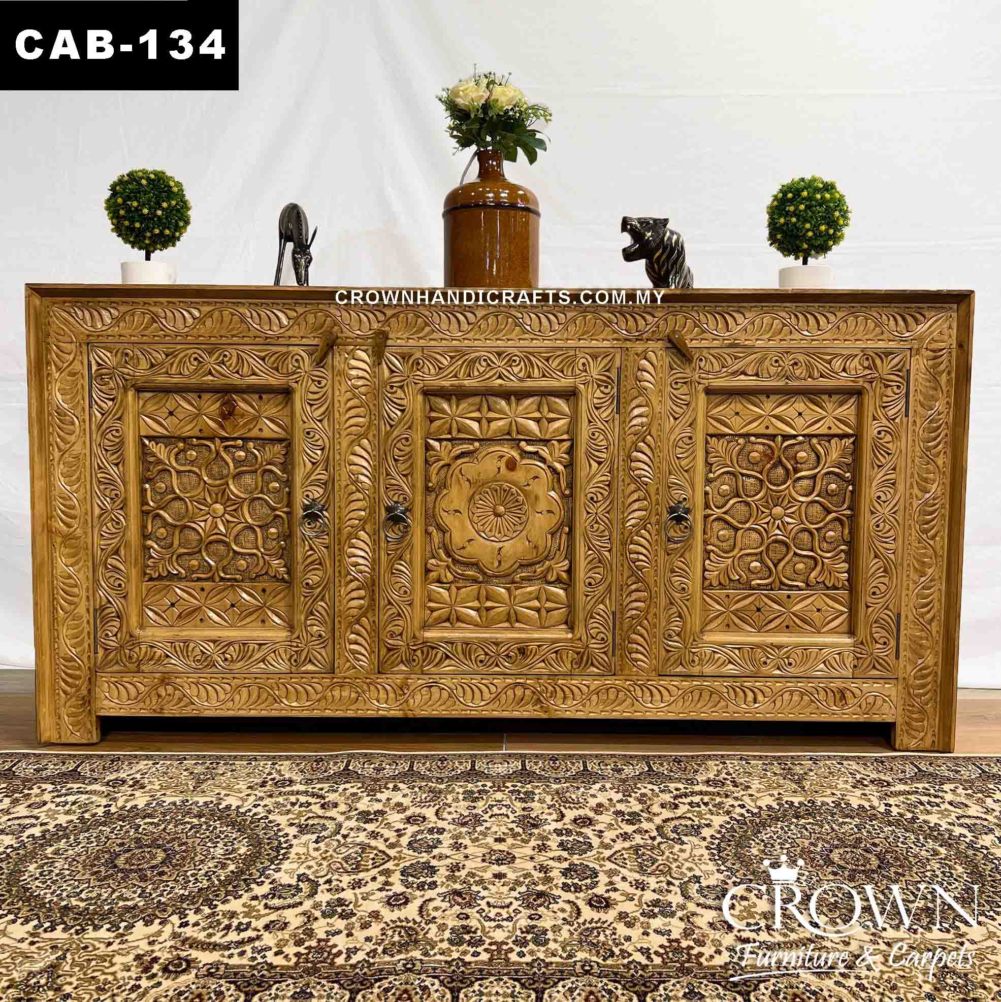 Vintage Style Cabinet Sideboard Solid Wood Hand Carved Medalion, Antique Wood Penang Style Furniture Teak Cabinet in Kuala Lumpur | CAB-134 (L60 W18 H36 Inches)