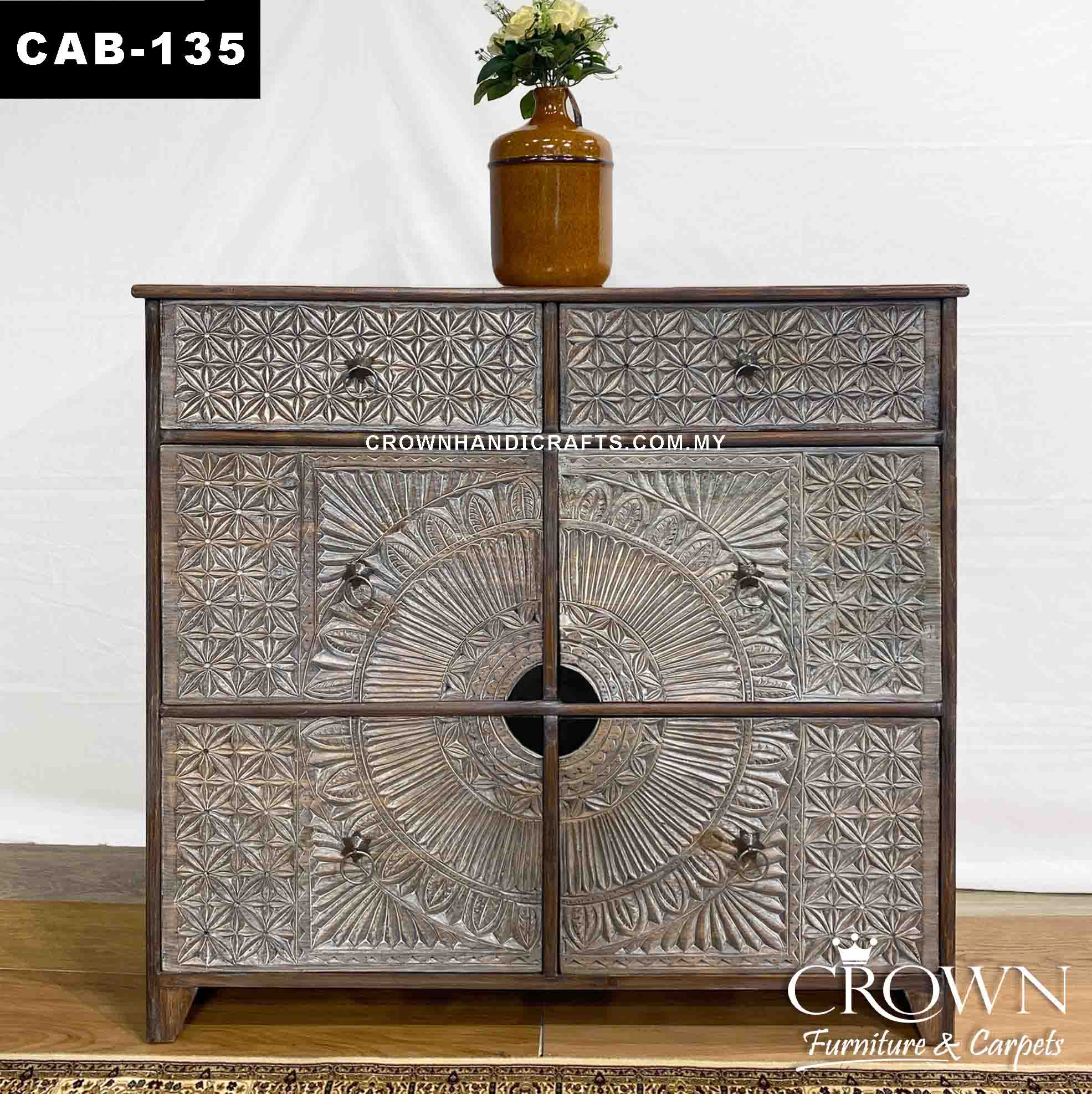 Whitewash Cabinet Solid Wood | Artistan Carved Round Medalian 6 Drawers | Antiqye Style Fusion Furniture in Malayia | CAB-135 (L32 W16.5 H40 Inches)