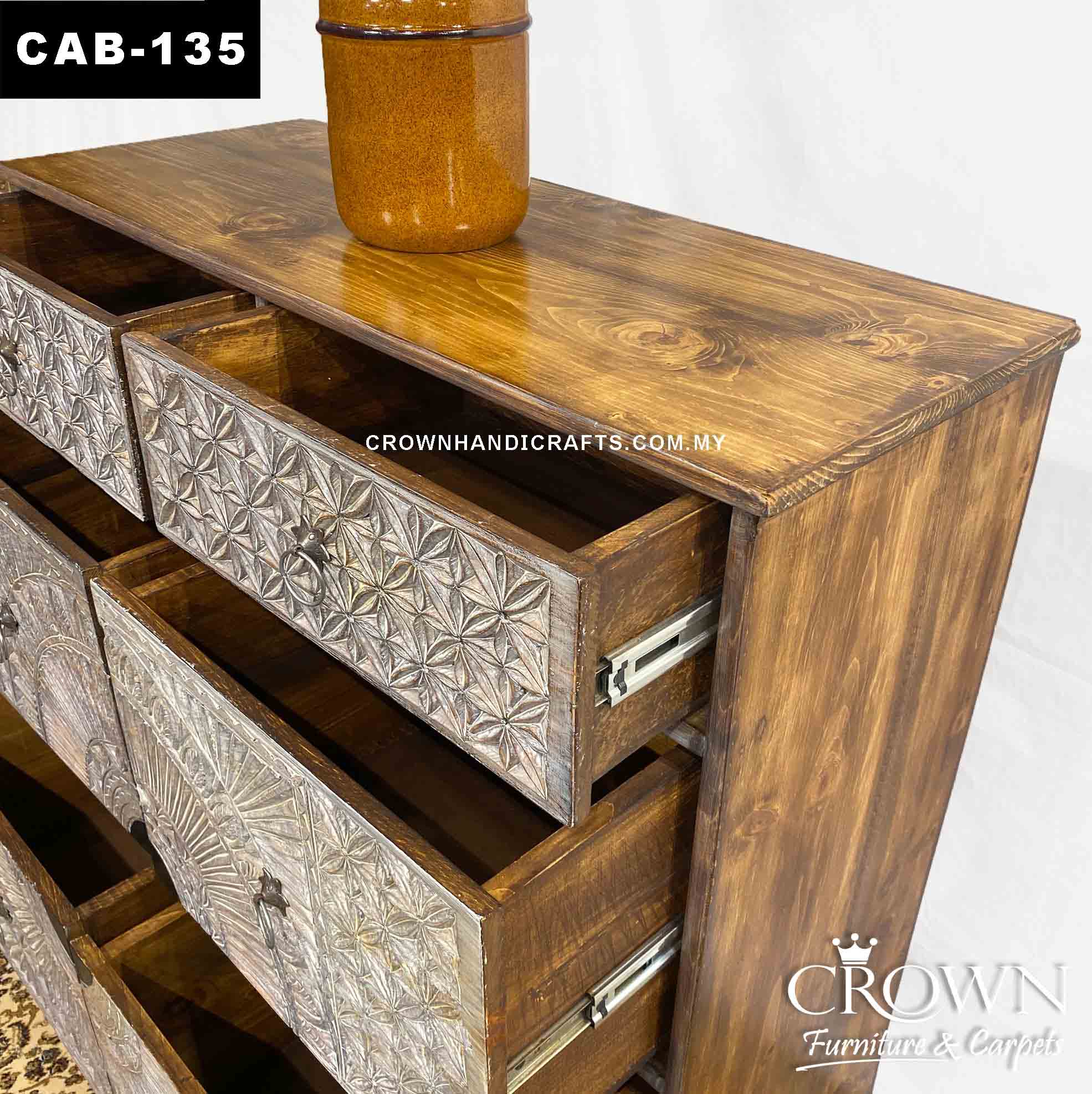 Whitewash Cabinet Solid Wood | Artistan Carved Round Medalian 6 Drawers | Antiqye Style Fusion Furniture in Malayia | CAB-135 (L32 W16.5 H40 Inches)