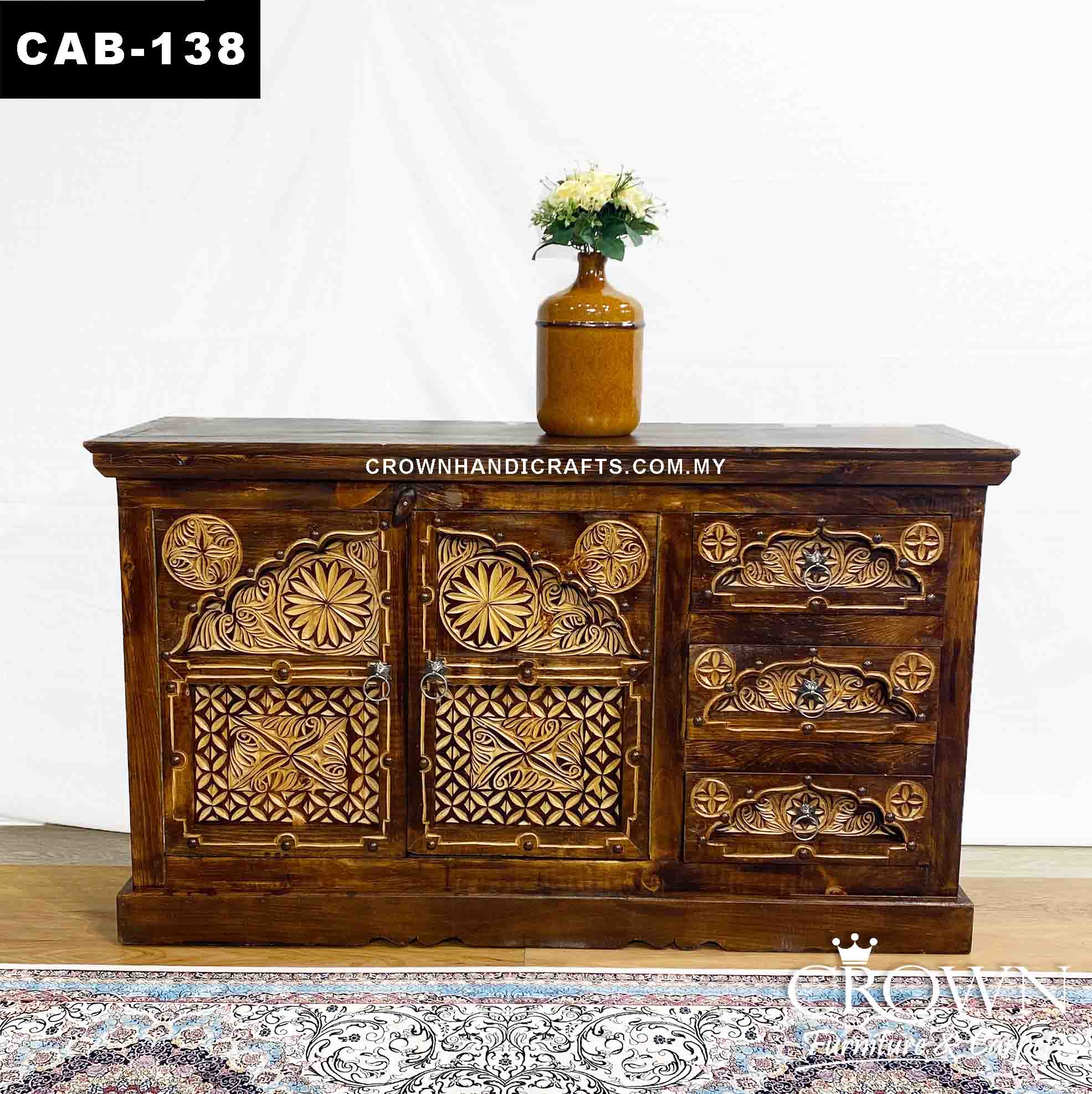 Cabinet Two Tone Hand Carving 2 Doors 3 Drawers Antique Style Solid Wood Furniture | CAB-138 (L55 W16.8 H32.5 Inches)