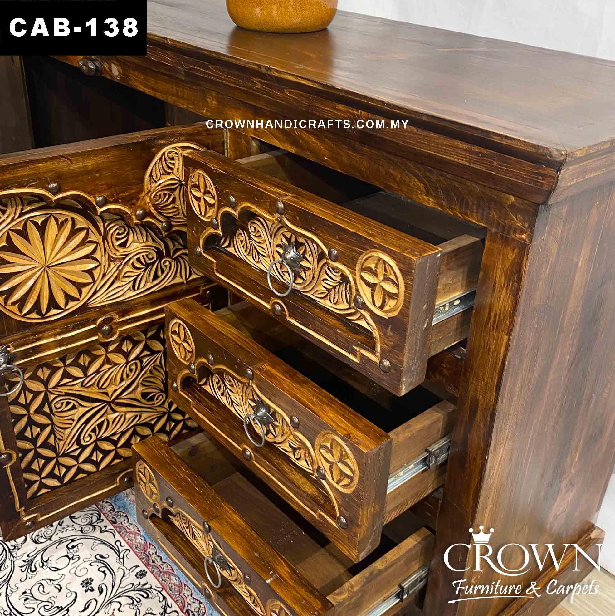 Cabinet Two Tone Hand Carving 2 Doors 3 Drawers Antique Style Solid Wood Furniture | CAB-138 (L55 W16.8 H32.5 Inches)