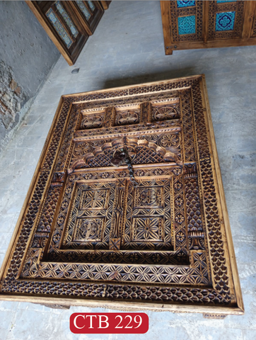 Handcrafted Indian Coffee Table | Solid Teak Wood Palace Door Design with Metal Ornaments | CTB-229