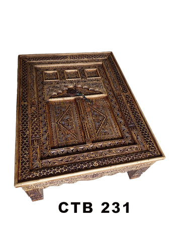 Premium Solid Teak Wood Coffee Table | Antique Indian Palace Door Style with Hand Carved Metal Accents | CTB-231