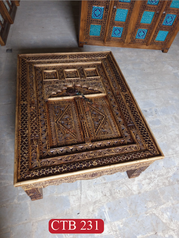 Premium Solid Teak Wood Coffee Table | Antique Indian Palace Door Style with Hand Carved Metal Accents | CTB-231