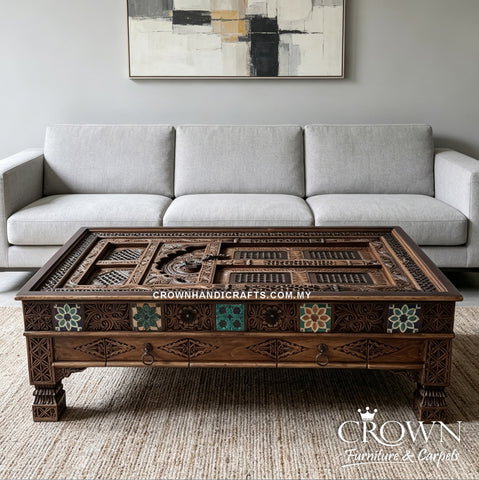 Luxury Antique Indian Palace Door Coffee Table | Handcrafted Solid Teak Wood with Boho Hand-Paint Carving Style, Metal Accents & Drawers | CTB-232 (L60 W36 H19 inches)