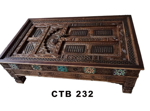 Luxury Antique Indian Palace Door Coffee Table | Handcrafted Solid Teak Wood with Boho Hand-Paint Carving Style, Metal Accents & Drawers | CTB-232