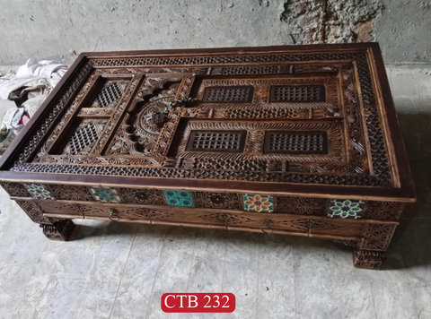 Luxury Antique Indian Palace Door Coffee Table | Handcrafted Solid Teak Wood with Boho Hand-Paint Carving Style, Metal Accents & Drawers | CTB-232