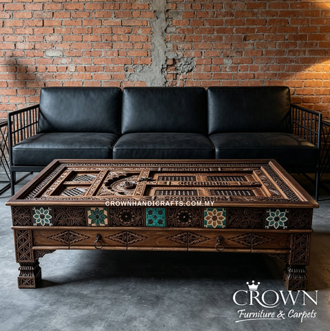 Designer Antique Indian Coffee Table | Palace Door Style Solid Teak Wood with Hand-Carved Boho Art, Metal Accents & Drawers | CTB-233 (L60 W36 H19 inches)