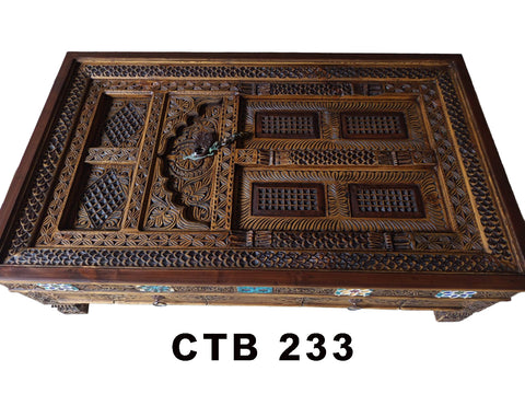 Designer Antique Indian Coffee Table | Palace Door Style Solid Teak Wood with Hand-Carved Boho Art, Metal Accents & Drawers | CTB-233