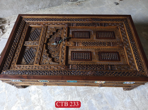 Designer Antique Indian Coffee Table | Palace Door Style Solid Teak Wood with Hand-Carved Boho Art, Metal Accents & Drawers | CTB-233