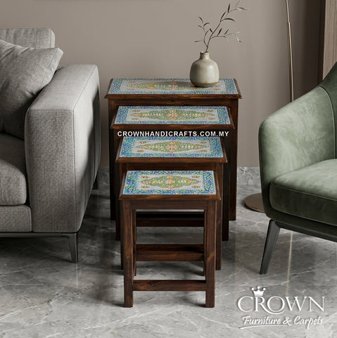 Hand-Painted Rajasthani Nesting Tables Set of 4 | Vibrant Floral Art Wooden Side Tables for Living Room | CTB-234 (L21 W14.5 H21 inches)