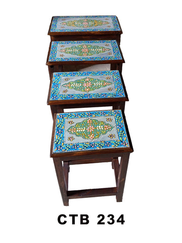 Hand-Painted Rajasthani Nesting Tables Set of 4 | Vibrant Floral Art Wooden Side Tables for Living Room | CTB-234