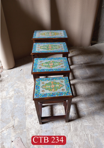 Hand-Painted Rajasthani Nesting Tables Set of 4 | Vibrant Floral Art Wooden Side Tables for Living Room | CTB-234