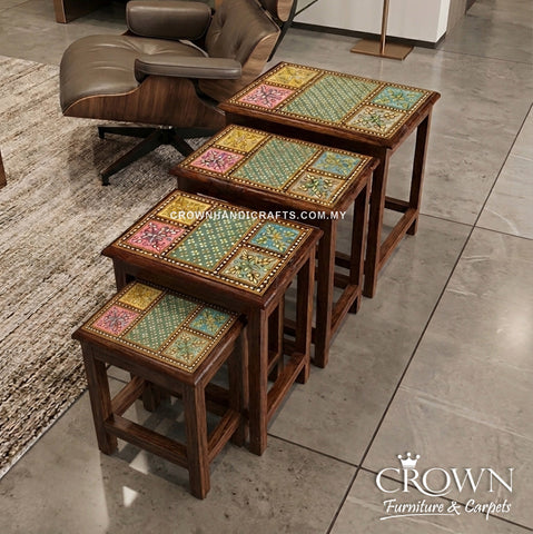 Luxury Rajasthan Nesting Tables Set of 4 | Hand-Painted Indian Wooden Side Tables with Vibrant Artwork  | CTB-235 (L20.5 W14.5 H21 inches)