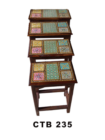 Luxury Rajasthan Nesting Tables Set of 4 | Hand-Painted Indian Wooden Side Tables with Vibrant Artwork  | CTB-235