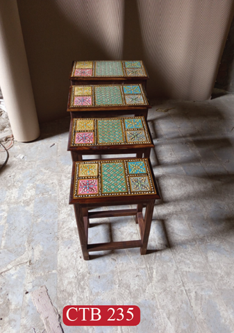 Luxury Rajasthan Nesting Tables Set of 4 | Hand-Painted Indian Wooden Side Tables with Vibrant Artwork  | CTB-235