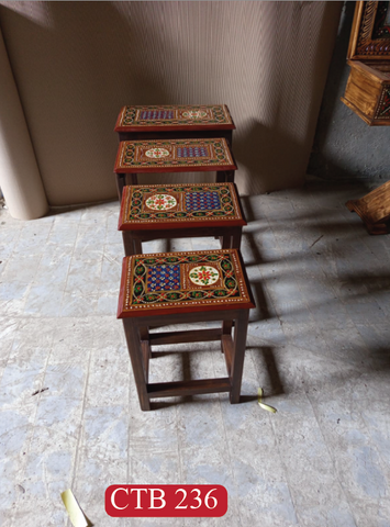 Luxury Rajasthani Nesting Tables Set of 4 | Hand-Painted Floral Wooden Accent Tables for Elegant Homes | CTB-236