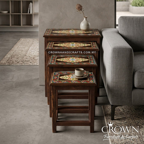 Bohemian Rajasthani Nesting Tables Set of 4 | Hand-Painted Floral Accent Tables for Stylish Interiors | CTB-238 (L21 W14.5 H21 inches)