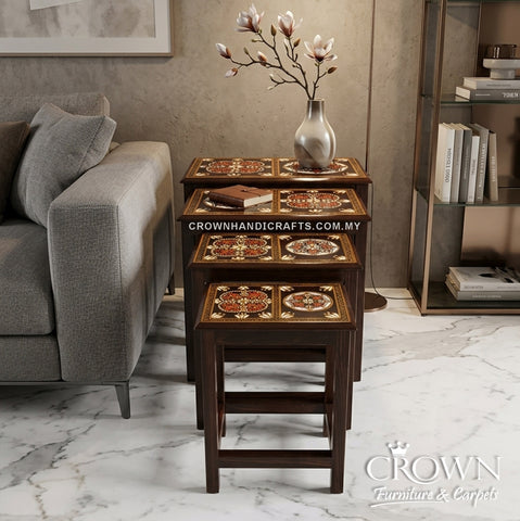 Traditional Rajasthani Hand-Painted Nesting Tables | Set of 4 Decorative Wooden Side Tables with Floral Design | CTB-239 (L21 W14.5 H21.5 inches)