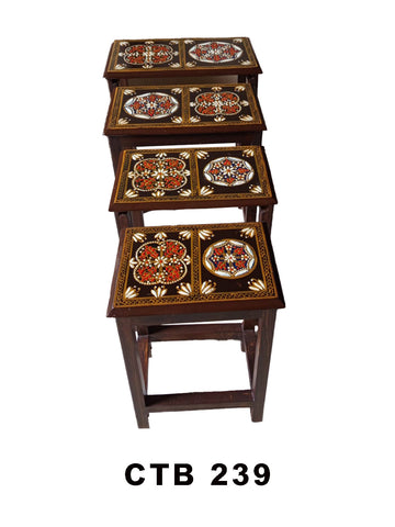 Traditional Rajasthani Hand-Painted Nesting Tables | Set of 4 Decorative Wooden Side Tables with Floral Design | CTB-239