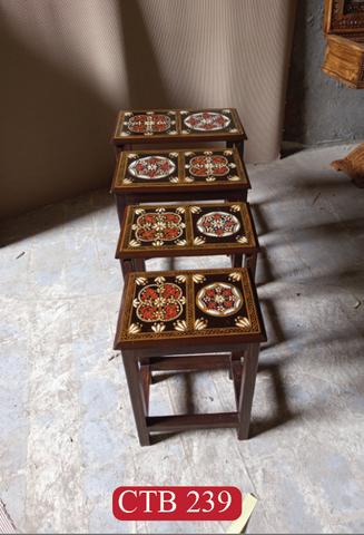 Traditional Rajasthani Hand-Painted Nesting Tables | Set of 4 Decorative Wooden Side Tables with Floral Design | CTB-239