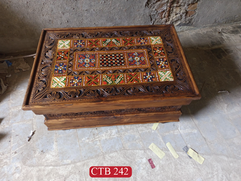 Stunning Handcrafted Solid Wood Coffee Table | Antique Style with Bohemian Hand-Painted Artisan Design | CTB-242