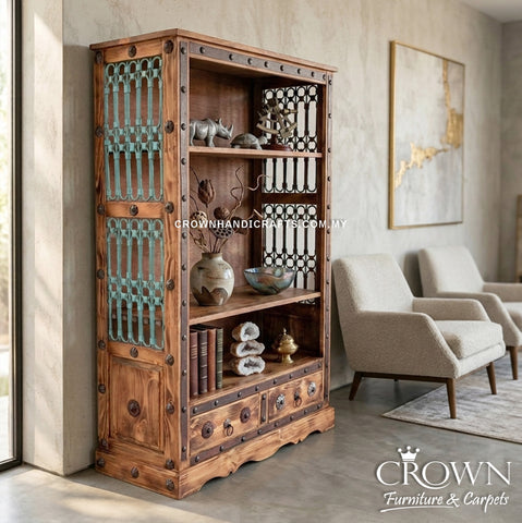Solid Wood Display Shelf Cabinet | Heritage-Inspired Design with Blue Metal Jali & Artisan Metal Details With Two Drawers | DIS 24 (L44 W18.5 H65.5 Inches)