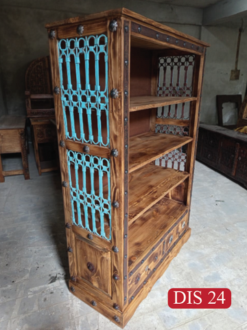 Solid Wood Display Shelf Cabinet | Heritage-Inspired Design with Blue Metal Jali & Artisan Metal Details With Two Drawers | DIS 24 (L44 W18.5 H65.5 Inches)