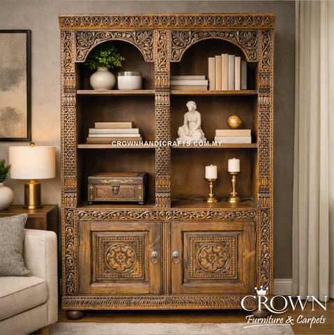Heritage Style Display Cabinet | Hand-Carved Solid Wood Showcase And Vibrant Hand-Crafted Artwork With Two Doors | DIS 25 (L48 W17 H75.5 Inches)