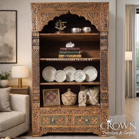 Statement Solid Wood Display Cabinet | Handcrafted Carvings & Hand-Painted Details for Timeless Living Spaces With Two Drawers | DIS 26 (L39 W15.5 H72 Inches)