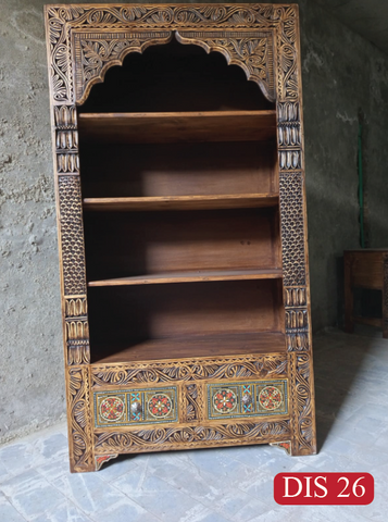 Statement Solid Wood Display Cabinet | Handcrafted Carvings & Hand-Painted Details for Timeless Living Spaces With Two Drawers | DIS 26 (L39 W15.5 H72 Inches)